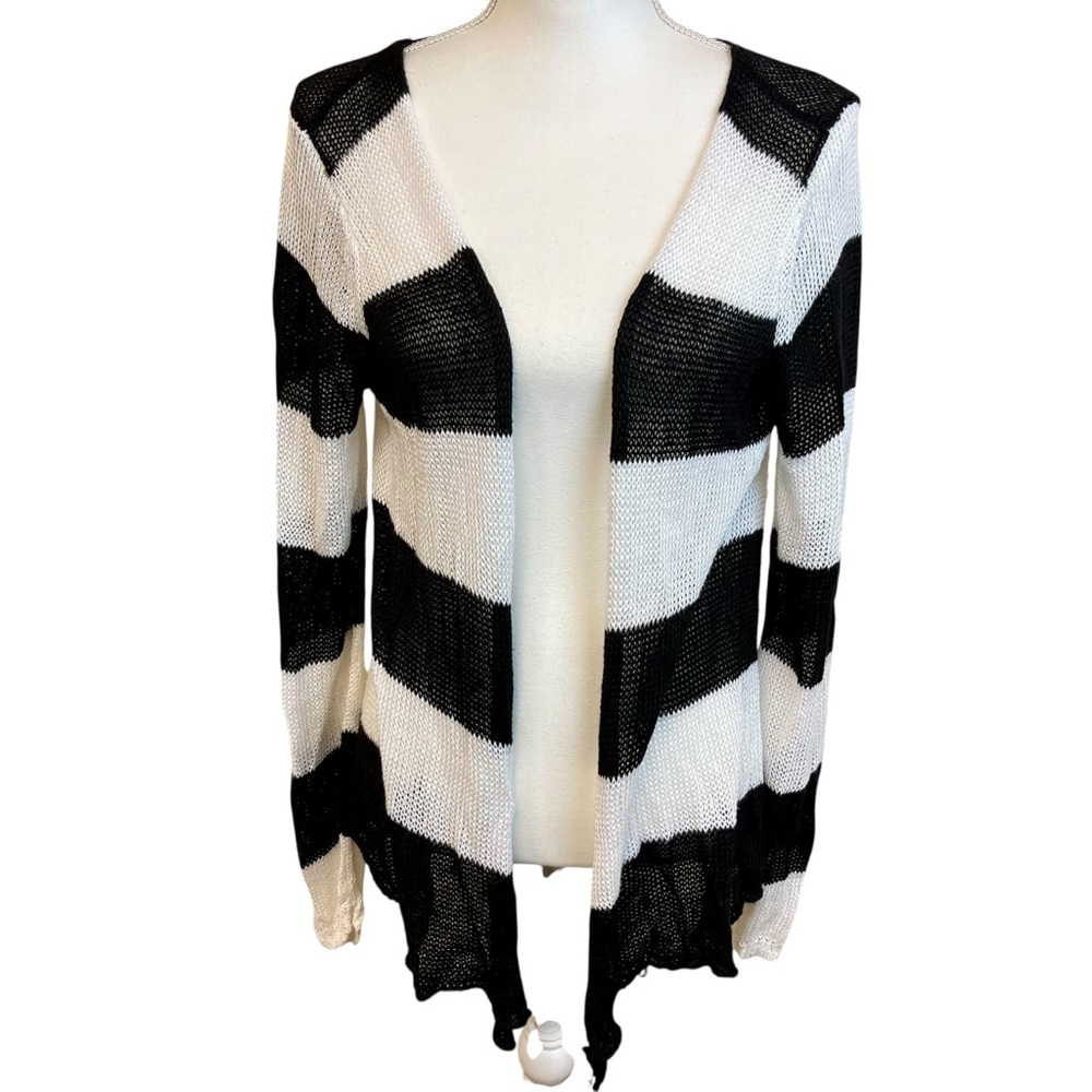 360 SWEATER Black White Linen Cardigan Sz S Bold Open Front Layering Chevron